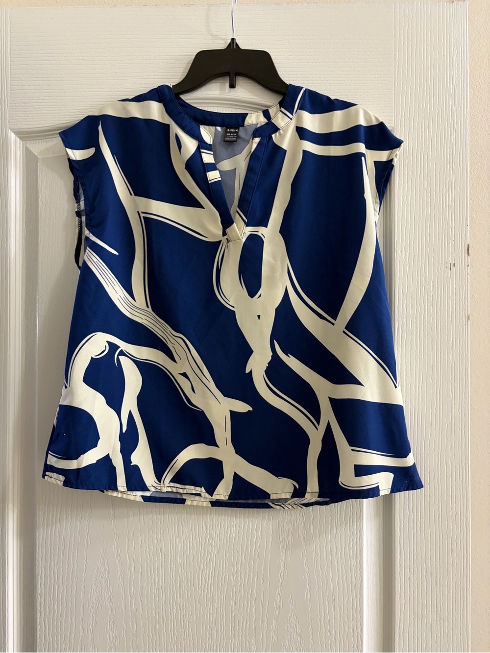 SHEIN Cobalt Blue Abstract Print Blouse Split Neck Short Sleeve Top Large